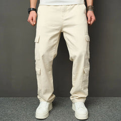 HEARUJOY - Spring Autumn Men American High Street Multi Pocket Cargo Pants Loose Straight Jeans Washed Workwear Wide Leg Denim Trousers