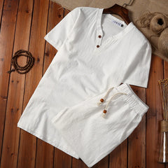 HEARUJOY - 5XL Summer Loose-fit Vintage Casual Cotton Linen Suit For Men Chinese Style Long Sleeve T-shirt Shorts Two-piece Set
