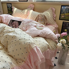 YICKYUE - Korean Bedding Set Luxury Quilt Cover Pillowcase Flat Bed Sheet Skirt Fitted Sheet Girl Princess Ruffle Home Textile Christmas