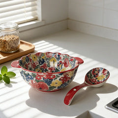 YICKYUE - Ceramics Soup Bowl Delicate Cookware Double Handle Large Capacity Bowl With Spoon Underglaze Color Home Utensils For Kitchen