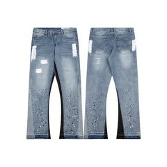 Hearujoy high street splashed ink ripped patchwork jeans for men and women trendy brand American straight slim micro-flared trousers