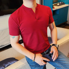 HEARUJOY - Men's 92% Cotton Henley Collar V-Neck Short Sleeve Tee Summer Solid Color Slim Fit Casual T-Shirt in 7 Classic Versatile Colors