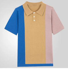 HEARUJOY - Summer New Mens contrast color Polo Shirts Knitwear Fashion Patchwork Knit Tops Short Sleeve Button Lapel Polo Tee Tshirt