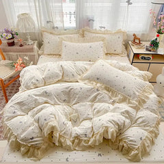 YICKYUE - French Korean Style Butterfly Lace Bedding Set and Components Soft Cotton Duvet Cover Set Bed Sheet Pillowcases for Bedroom