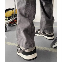 HEARUJOY - Washed Camouflage Work Pants American Retro Military Green Embroidered High Street Versatile Straight Casual Trousers