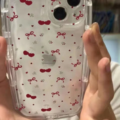 YICKYUE - Full Screen Cherries and Bows Small Floral Print Phone Case For iPhone 17 AIR 16 15 14 13 12 11 Pro XSMAX MINI XR Plus Y2K Cover