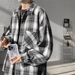 HEARUJOY - Black Long Sleeved Shirt Men Retro Plaid Shirt Men Japanese Streetwear Loose Casual Shirt Mens Vintage Shirts Large Size 5XL