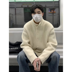 HEARUJOY - Men New Cardigan Single Breasted Sweaters Long Sleeve Flat Knitted Jumpers Turtleneck Solid Spliced Button High Street Loose
