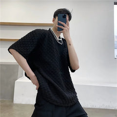 Hearujoy New Summer Korea Waffle T-shirt Fashion Tide Personality V-neck Design Loose Short Sleeve Minority Men Tees Black White