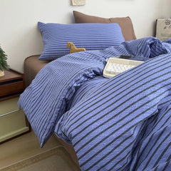 YICKYUE - 3/4pcs Striped Bedding Set Japanese Style Soft Sheet Kit with Quilt Cover Comfy Four Seasons Student Adult Bedclothes Twin