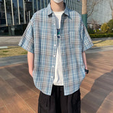 YICKYUE - Plus Size Plaid Shirts for Men Summer Fashion Short Sleeved Loose Man Casual Shirt High-street Harajuku Korean Mens Blouse 5XL