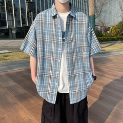 YICKYUE - Plus Size Plaid Shirts for Men Summer Fashion Short Sleeved Loose Man Casual Shirt High-street Harajuku Korean Mens Blouse 5XL