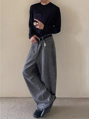 HEARUJOY - Men's Casual Pants Sword Way ey And Bla Plaid Loose Wide Leg Floor Length Spring Autumn High Waist Zipper Fly Straight Tube