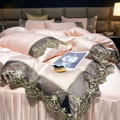 YICKYUE - Luxury Bedding Set 3Pcs Duvet Cover Set King Size Bed Skirt Lace Double Side Washed Silk Design Reactive Printing Sleep Coolly