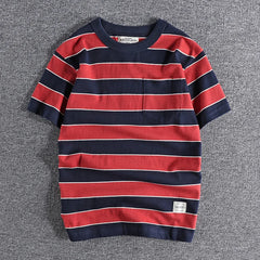 HEARUJOY - Summer Casual Stripe Short Sleeve T Shirt Streetwear American Styles Heavyweight Men's Cotton Loose Half Sleeve Tops Tee