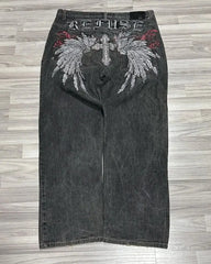 Hearujoy Hip hop personality wings cross graphic design high waisted jeans women y2k aesthetic fashion popular wide leg baggy pants 2024