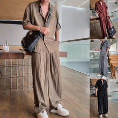 Hearujoy Mens Casual Light Shirt Wide Leg Pants 2024 New Genderless Fashion Vacation Basics Versatile Solid Color Suit Two-Piece Unisex