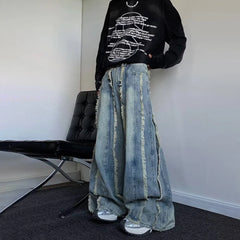 Hearujoy Mens Pants Heavy-Duty Frayed Edge Splicing Design Washed Worn Denim Jeans Autumn Hawaiian Vintage Baggy Wide Leg Pants Unisex