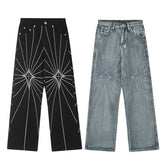 Hearujoy Radial grid embroidered denim straight striped trousers fashionable street retro casual couple fashion trend trousers