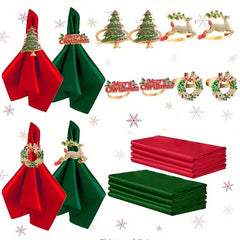 YICKYUE - 8Sets Red and Green Cloth Napkins & Christmas Napkin Rings Fabric and Metal Holiday Dinners Table Decoration for 2026 Xmas Decor