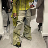 Hearujoy Gradient Yellow Green Baggy Jeans for Men and Women Straight Patchwork Pocket Casual Denim Trousers Oversize Cargo Pant
