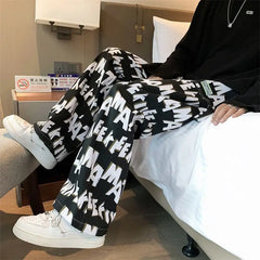 HEARUJOY - High Street Letter Printed Casual Pants Fashionable and Versatile Loose and Comfortable Elastic Band Fashionable Straight Pant