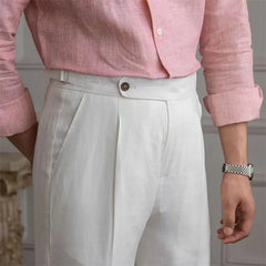 HEARUJOY - 100% Linen Italian Naples Pants Men High Waist Straight Suit Trousers Spring Summer Fashion Lightweight Breathable Casual Pants