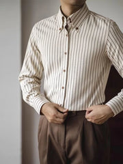 HEARUJOY - Slim Fit Vintage British Style Men's Striped Long Sleeve Shirt Spring Autumn Business Casual Wrinkle Resistant Non Iron