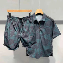 Hearujoy Mens Short Sleeve Shorts Set Creative Print Pattern Fashion Splicing Design Short Sleeve Short Casual Personality Chic Suit