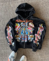 Hearujoy Trend retro loose hoodie oversized print personality zipper hoodie Women punk Hip Hop Harajuku Streetwear oversized sweatshirt