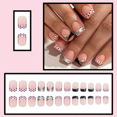 YICKYUE - 24pcs Wearable Press On Nails Black White Striped Dot French Tip Short Square False Nails Elegant Resin Fake Nail Office Daily