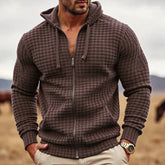HEARUJOY - Stylish Loose Cardigan Tops Men Autumn Daily Casual Plaid Texture Zip-up Hooded Jackets For Mens Vintage Long Sleeve Jacket Coat