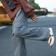 Hearujoy Vintage Cargo Pants Men Fashion Streetwear Pockets Wide Leg Straight Y2k Casual Trousers Baggy Drawstring Overalls Black/Gray