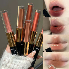 YICKYUE - 2-in-1 Matte Lip Gloss and Mirror Water Gloss Clear Lip Oil Lasting Color Development Double Headed Lip Glaze Makeup Cosmetics