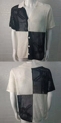 HEARUJOY - Color Blocked Hollow Out Knitting Shirts For Men Summer Thin Short Sleeve Button Cardigan Sweater Fashion Casual Loose Knitwear