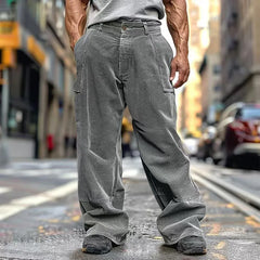 HEARUJOY - Spring Autumn Casual Corduroy Pants Men's Long Pants Solid Drawstring Casual Breathable Wide-leg Multi-pocket Straight Pants
