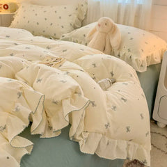 YICKYUE - Princess Style Bedding Sets Ruffle Lace Bow Quilt Cover Romantic Bedclothes Decor Woman Girls Bedroom Duvet Cover 4pcs