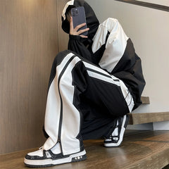 Hearujoy Double Side Zippers Casual Patchwork Pants Men Fashion Streetwear Contrast Color Loose Straight Trousers Gray/White