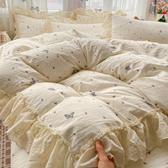 YICKYUE - French Korean Style Butterfly Lace Bedding Set and Components Soft Cotton Duvet Cover Set Bed Sheet Pillowcases for Bedroom