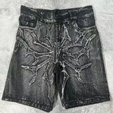 Hearujoy Spider web splicing summer 2024 loose straight-leg five-quarter pants American retro trendy brand handsome casual denim shorts