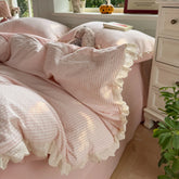 YICKYUE - Korean Pink Bedding Set Coquette Aesthetic Duvet Cover Set Soft Pastel Muted Tone Single Size Double Bed Sheet Set For Bedroom