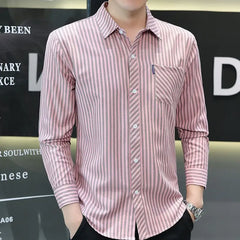 Hearujoy Men's Clothing Korean Fashion Striped Print Business Casual Button Up Shirt Spring Autumn Youth Long Sleeve Slim All Match Tops