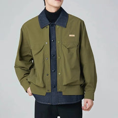 Hearujoy Mens High-Grade Denim Patchwork Jacket Coat Spring And Autumn New Fashion Trend Loose Lapel Fake Two-Piece Workwear Tops Men