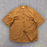 HEARUJOY - Japan Style Mens Linen Cotton Short Sleeve Shirt Harajuku Summer Stand Collar Solid Color Male Casual Breathable Classical Tops