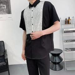 HEARUJOY - Mens Shirt Sequins Nightclub Ballroom Shirt Spring Streetwear Y2k Fashion Trend Niche Short-Sleeve Tops Men'S Clothing
