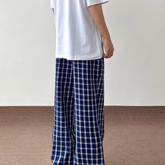 HEARUJOY - Blue Checkered Straight Leg Pants Mens Retro Trendy Loose Couple Casual Trousers Multiple Buckles College Pantalones Hombre