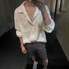 HEARUJOY - Mens Shirts Hollow Knitted Casual Shirts Spring Streetwear Fashion Thin Sexy Ballroom Long-Sleeved Tops Men'S Clothing 2025 New
