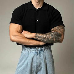 HEARUJOY - Summer New Men's Solid Color Knitted Short-Sleeved T-Shirt American Retro Fashion Trend Loose Casual Breathable Men's Tops