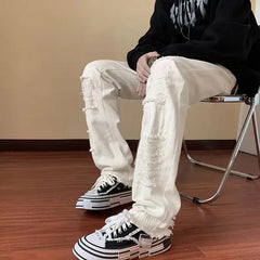 HEARUJOY - Spring and Autumn New White Pants Men's Design Sense American High Street Hip Hop Fake Piercing Jeans Micro Pull Pants