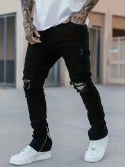 HEARUJOY - Men's Slim Fit Black Jeans - Street Style, Cotton Blend, Mid-Stretch Fabric, Ripped Detail, All-Season Wear